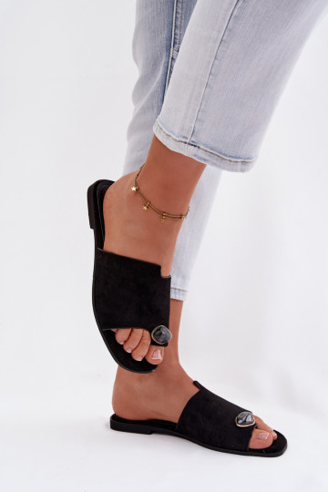 Papuče Dámsky byt S Ornatem Detalem z eko semišuoIne čierna Selavine