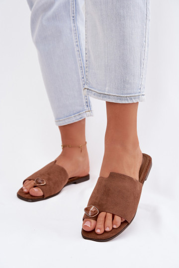 Papuče Dámsky byt S Ornatem Detalem z eko semišuoIne Hnedá farba Selavine