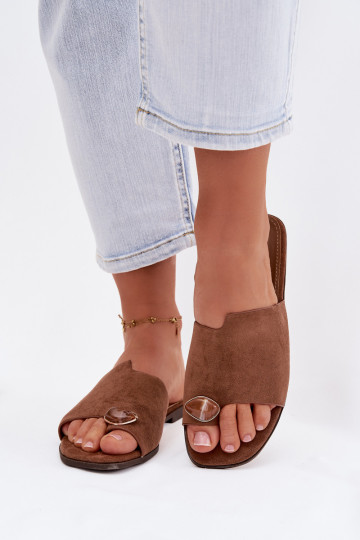 Papuče Dámsky byt S Ornatem Detalem z eko semišuoIne Hnedá farba Selavine 2