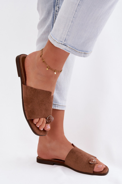 Papuče Dámsky byt S Ornatem Detalem z eko semišuoIne Hnedá farba Selavine