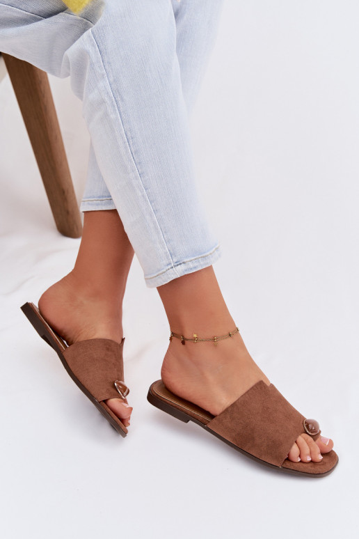 Papuče Dámsky byt S Ornatem Detalem z eko semišuoIne Hnedá farba Selavine