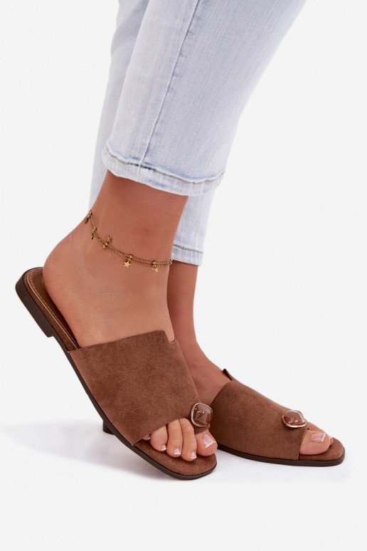 Papuče Dámsky byt S Ornatem Detalem z eko semišuoIne Hnedá farba Selavine