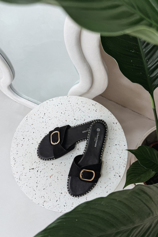 Dámske papuče so širokými podpätkami so zlatými prackami čierna Selivelle