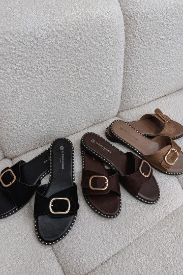 Dámske papuče so širokými podpätkami so zlatými prackami čierna Selivelle 2