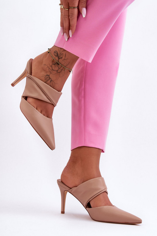 Kožené papuče s tenkými podpätkami béžová Aveline