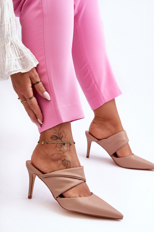 Kožené papuče s tenkými podpätkami béžová Aveline