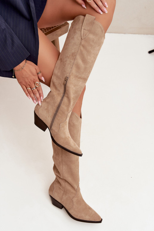zahriať sa čižmy kovbojský štýl s podpätkamiz eko semišuu béžová Jovianne