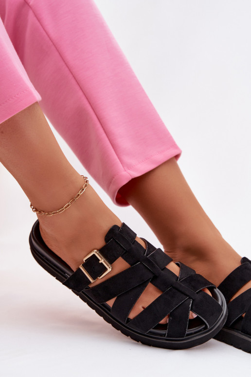 Dámske šľapky s pásikmi a zlatými sponami čierne Roselisse