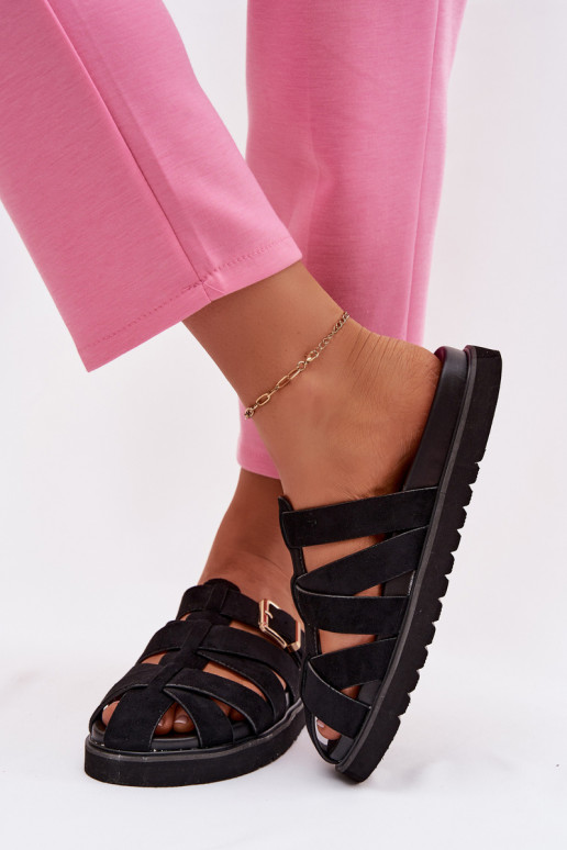 Dámske šľapky s pásikmi a zlatými sponami čierne Roselisse