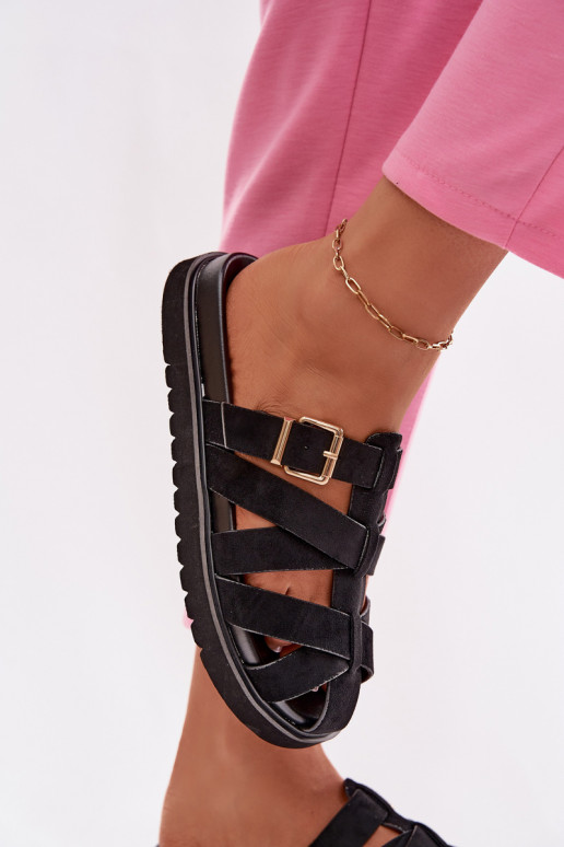 Dámske šľapky s pásikmi a zlatými sponami čierne Roselisse