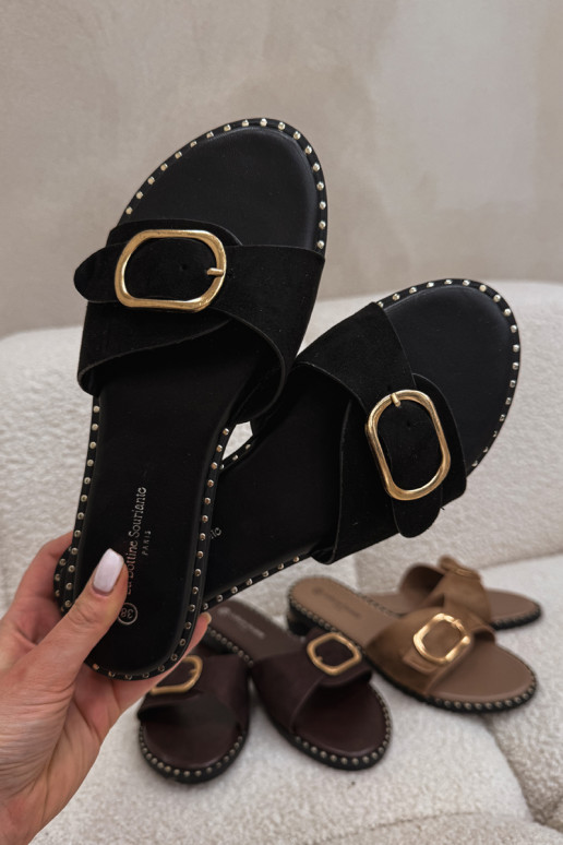 Dámske šľapky s širokými podpätkami a zlatými sponami čierne Selivelle