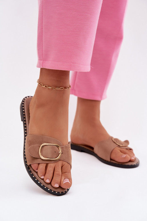 Dámske šľapky s širokými podpätkami a zlatými sponami hnedé Selivelle