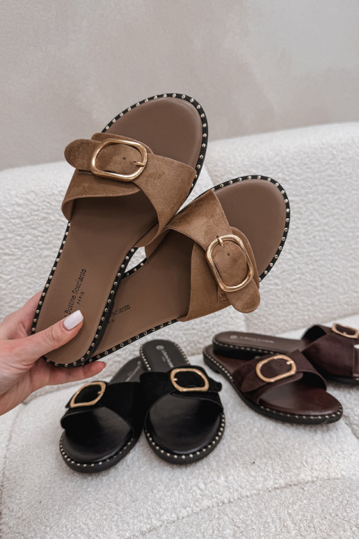 Dámske šľapky s širokými podpätkami a zlatými sponami hnedé Selivelle