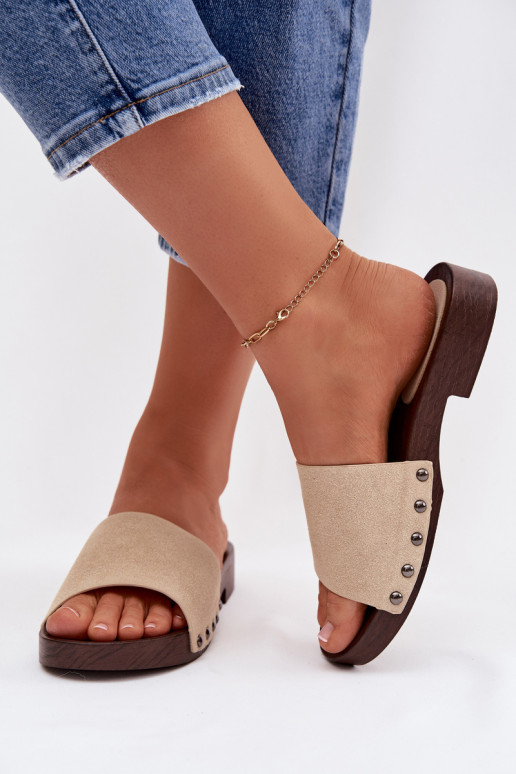 Dámske papuče s nitmi so širokými podpätkami béžová Amelvessa