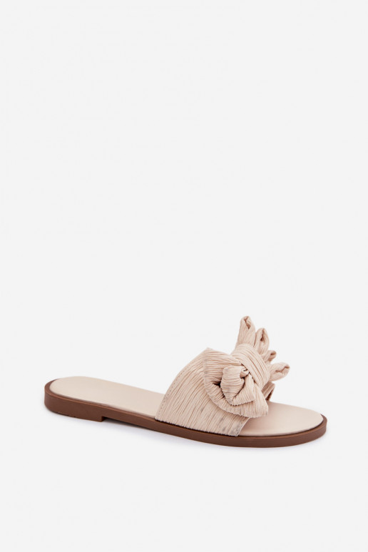 Dámske šľapky s širokými podpätkami a mašľami pieskovej farby Amivelle