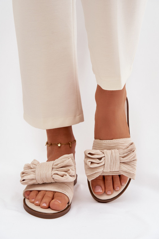 Dámske šľapky s širokými podpätkami a mašľami pieskovej farby Amivelle