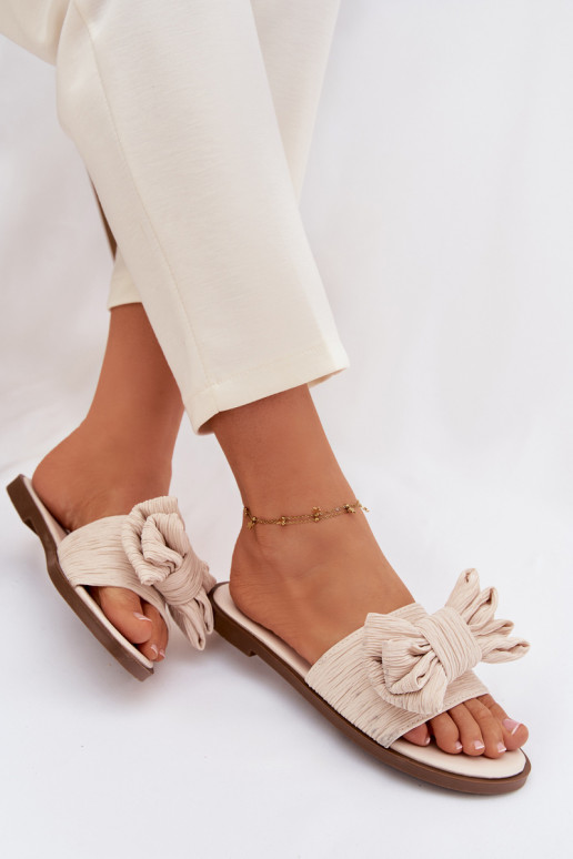 Dámske šľapky s širokými podpätkami a mašľami pieskovej farby Amivelle