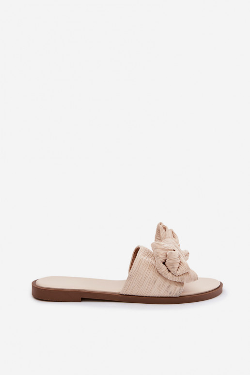 Dámske šľapky s širokými podpätkami a mašľami pieskovej farby Amivelle