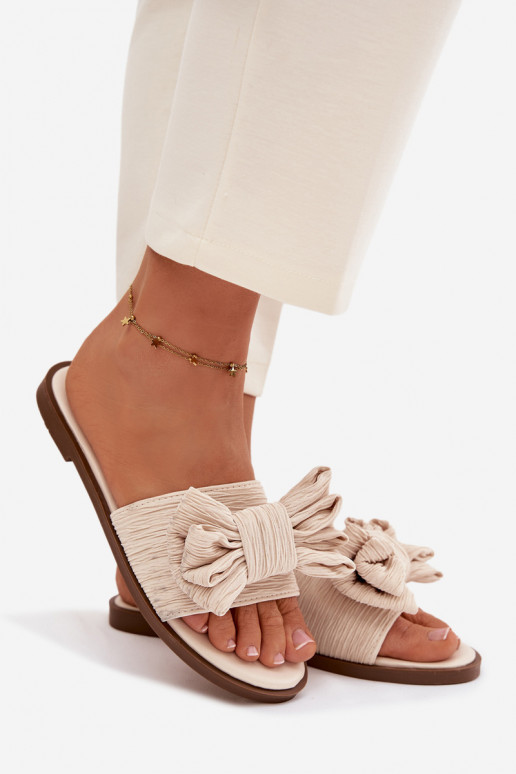 Dámske šľapky s širokými podpätkami a mašľami pieskovej farby Amivelle