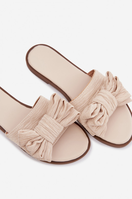 Dámske šľapky s širokými podpätkami a mašľami pieskovej farby Amivelle