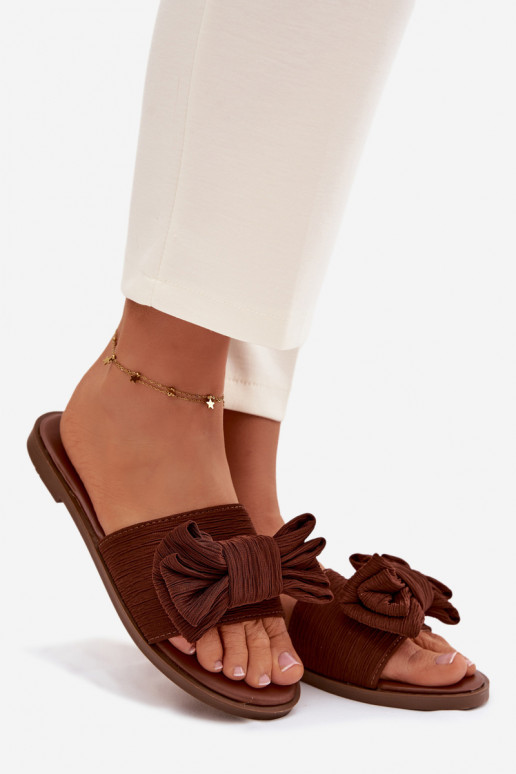 Dámske papuče s širokými podpätkami a mašľami, hnedé Amivelle