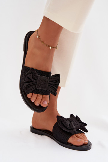 Dámske čierne papuče s širokými podpätkami a mašľami Amivelle