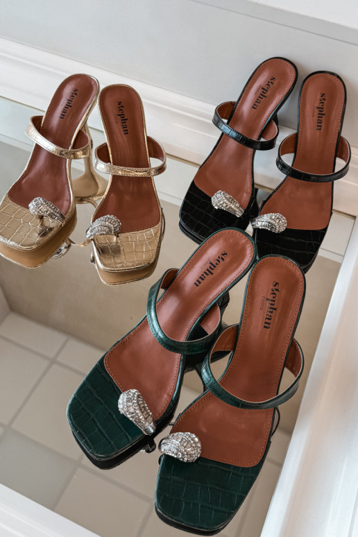 Dámske zlaté papuče s tenkými podpätkami a ozdobnými detailmi Lorissa