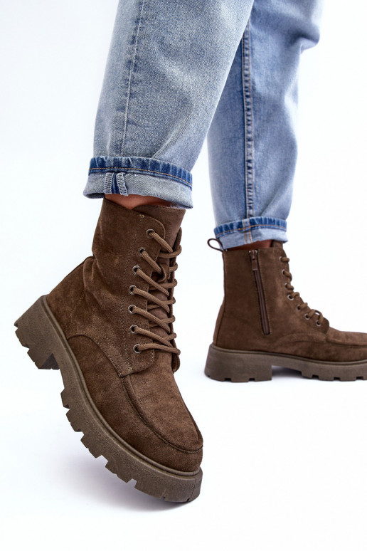 Semišové topánky topánky zahriať sa so širokými podpätkami khaki farby Zikey