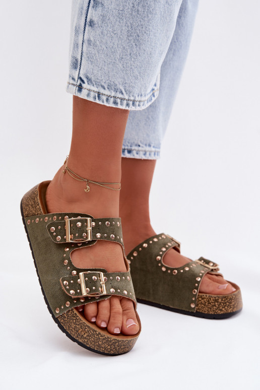 Dámske papuče Ze zlatej farbymi s prackamimi A cvoky khaki farby Tervina