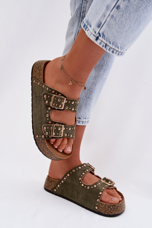 Dámske papuče Ze zlatej farbymi s prackamimi A cvoky khaki farby Tervina