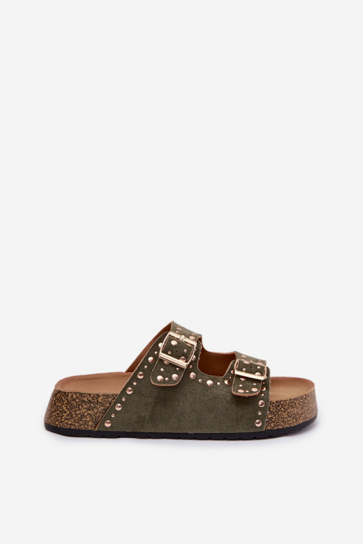 Dámske papuče Ze zlatej farbymi s prackamimi A cvoky khaki farby Tervina