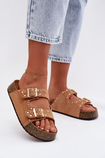 Dámske papuče Ze zlatej farbymi s prackamimi A cvoky Hnedá farba Tervina