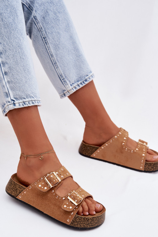 Dámske papuče Ze zlatej farbymi s prackamimi A cvoky Hnedá farba Tervina