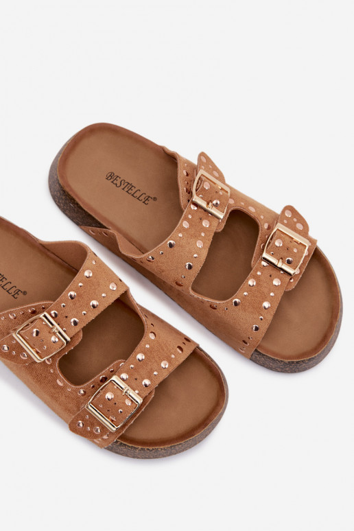 Dámske papuče Ze zlatej farbymi s prackamimi A cvoky Hnedá farba Tervina