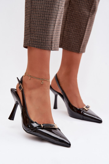 Lakované sandále pre ženy s tenkými podpätkami so zlatými prackami čierna Bellivra 2