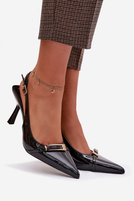 Lakované sandále pre ženy s tenkými podpätkami so zlatými prackami čierna Bellivra