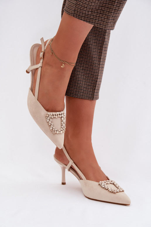 Dámske sandále s tenkými podpätkami s ozdobami slonovina Ismeria