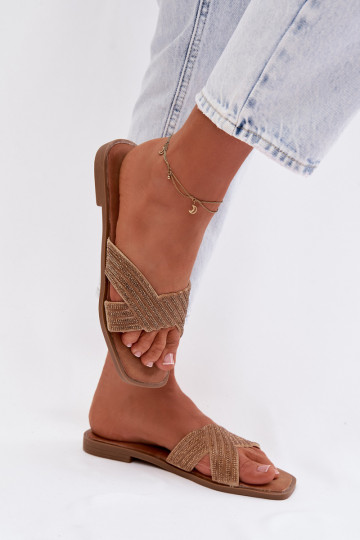 Dámske papuče so širokými podpätkami s trblietavými otvormi zlatej farby Zinnia