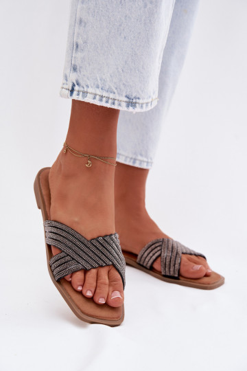 Dámske papuče so širokými podpätkami s trblietavými otvormi čierna Zinnia