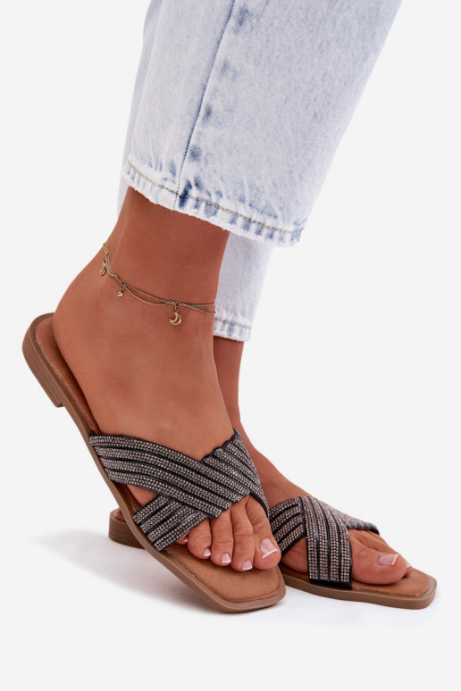 Dámske papuče so širokými podpätkami s trblietavými otvormi čierna Zinnia