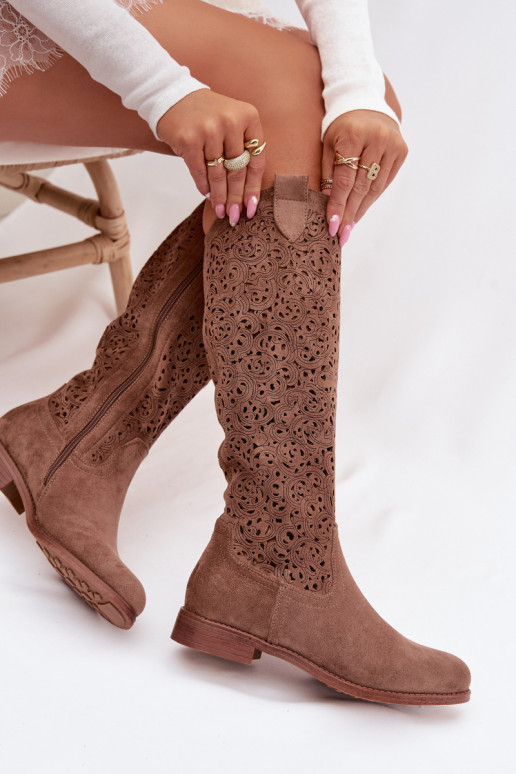 s prvkami prelamovania dámske čižmy so širokými podpätkami S.Barski HY61-8023 Hnedá farba