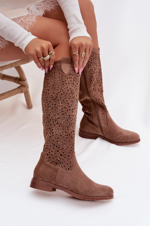 s prvkami prelamovania dámske čižmy so širokými podpätkami S.Barski HY61-8023 Hnedá farba