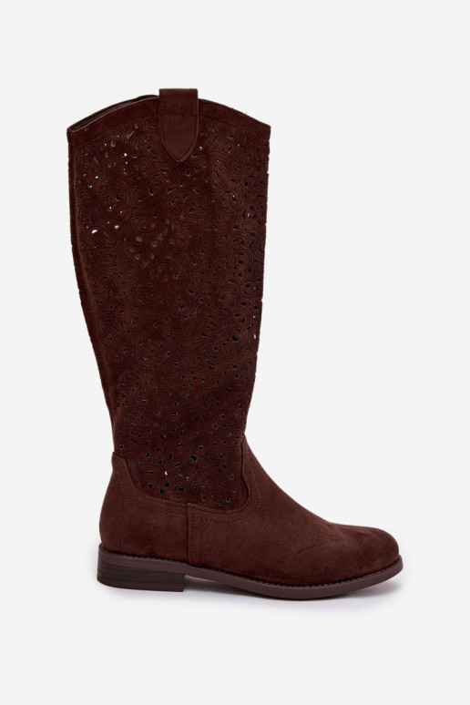 s prvkami prelamovania dámske čižmy so širokými podpätkami S.Barski HY61-8023 CzekoladoIne