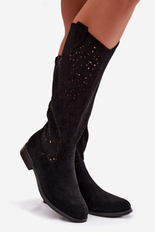 s prvkami prelamovania dámske čižmy so širokými podpätkami S.Barski HY61-8023 čierna