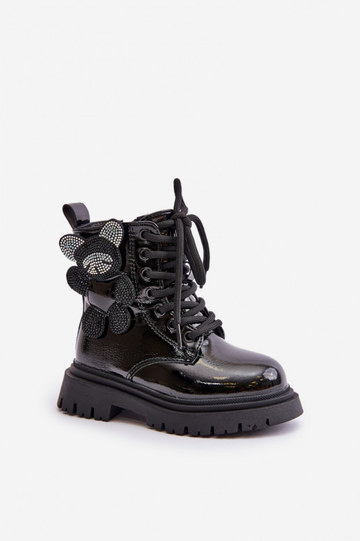 zahriať sa Čižmy deti S medveďom Zapnuté Hrad s lakovým efektom čierna Relobia