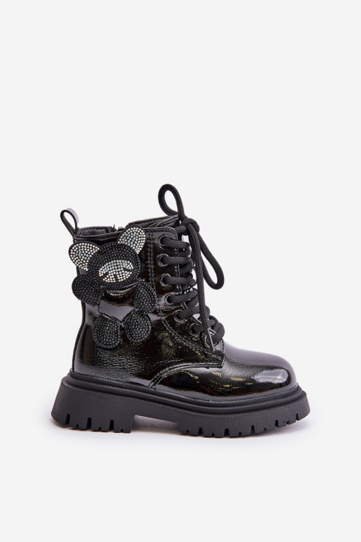 zahriať sa Čižmy deti S medveďom Zapnuté Hrad s lakovým efektom čierna Relobia