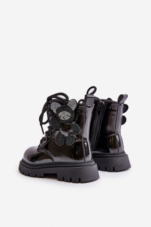 zahriať sa Čižmy deti S medveďom Zapnuté Hrad s lakovým efektom čierna Relobia