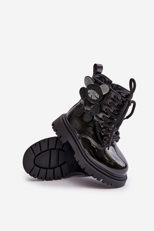 zahriať sa Čižmy deti S medveďom Zapnuté Hrad s lakovým efektom čierna Relobia