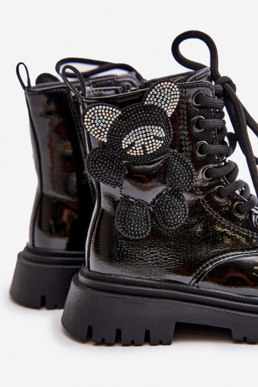 zahriať sa Čižmy deti S medveďom Zapnuté Hrad s lakovým efektom čierna Relobia