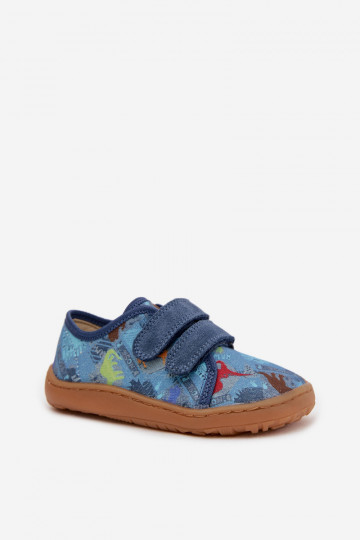 Detské šľapky Barefoot s dinosaurus Froddo Canvas G1700440-15 modrej farby